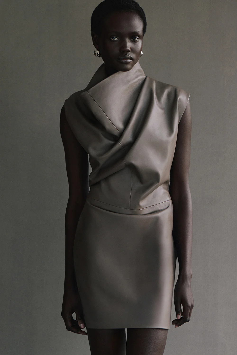 Olya Leather Dress Taupe - Image 2